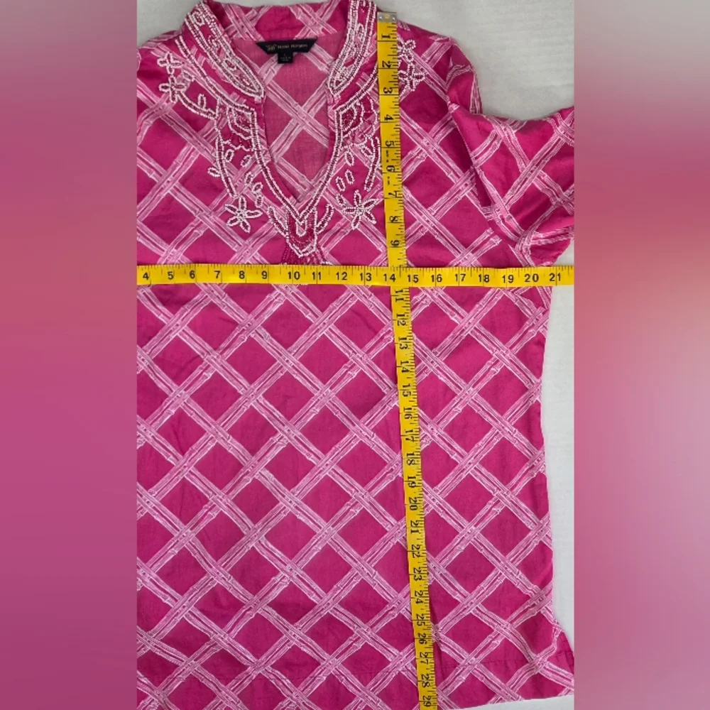 Brooks Brothers Womens Beaded 3/4 Sleeve Tunic Size L Pink/White Lattice Print